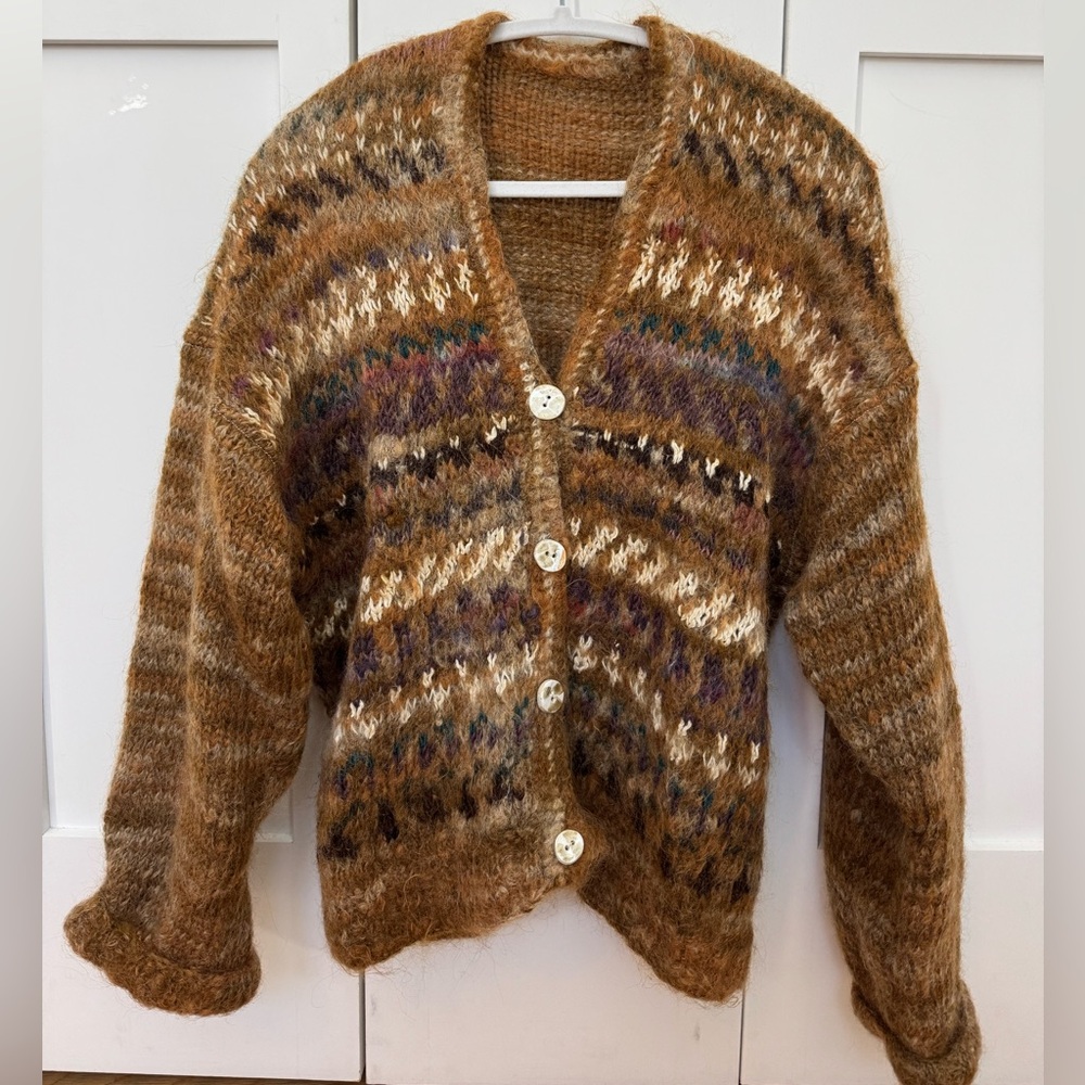 Vintage Mohair Cozy Brown Patterned Women's Cardigan with Ceramic Buttons